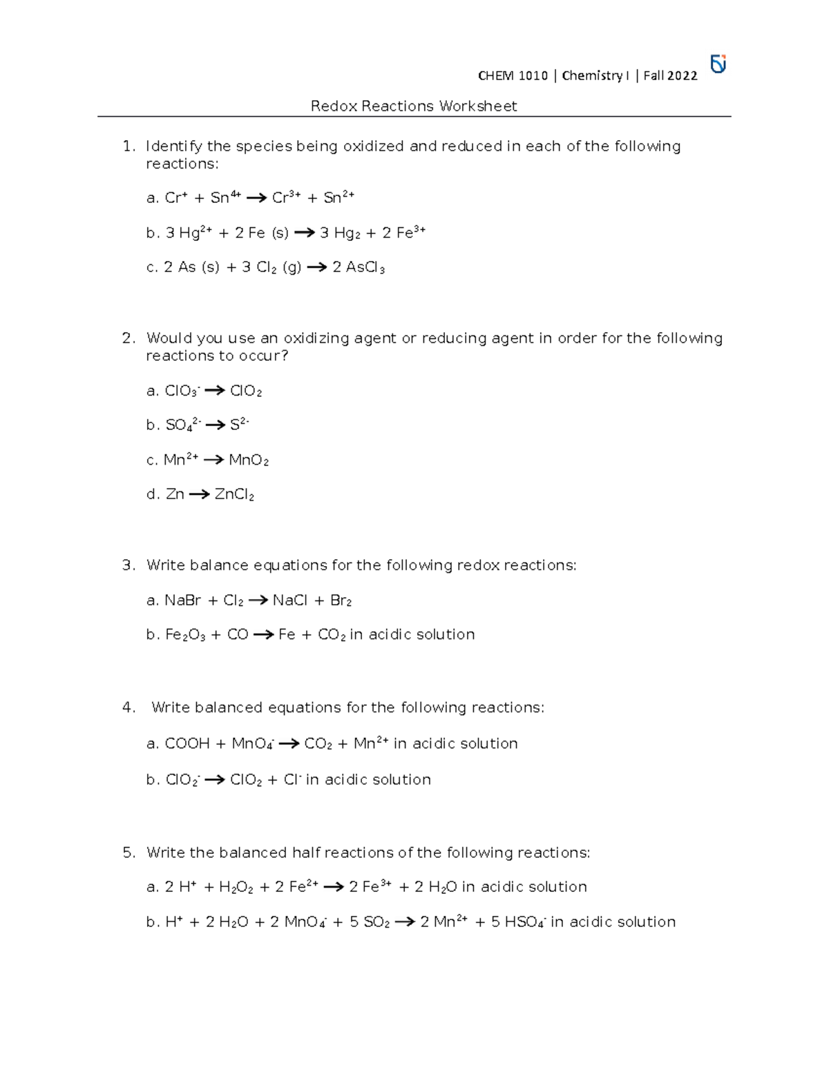 FA22 Redox Reactions Worksheet - CHEM 1010 | Chemistry I | Fall 2022 ...