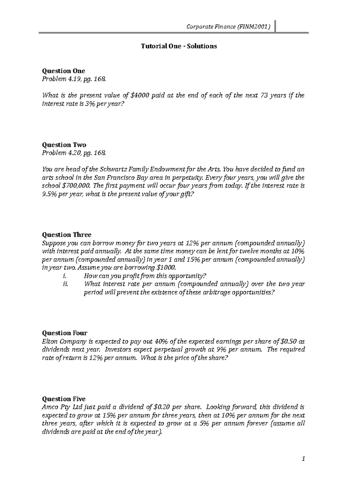 T1Q - Introduction + time value of money - Corporate Finance (FINM2001 ...