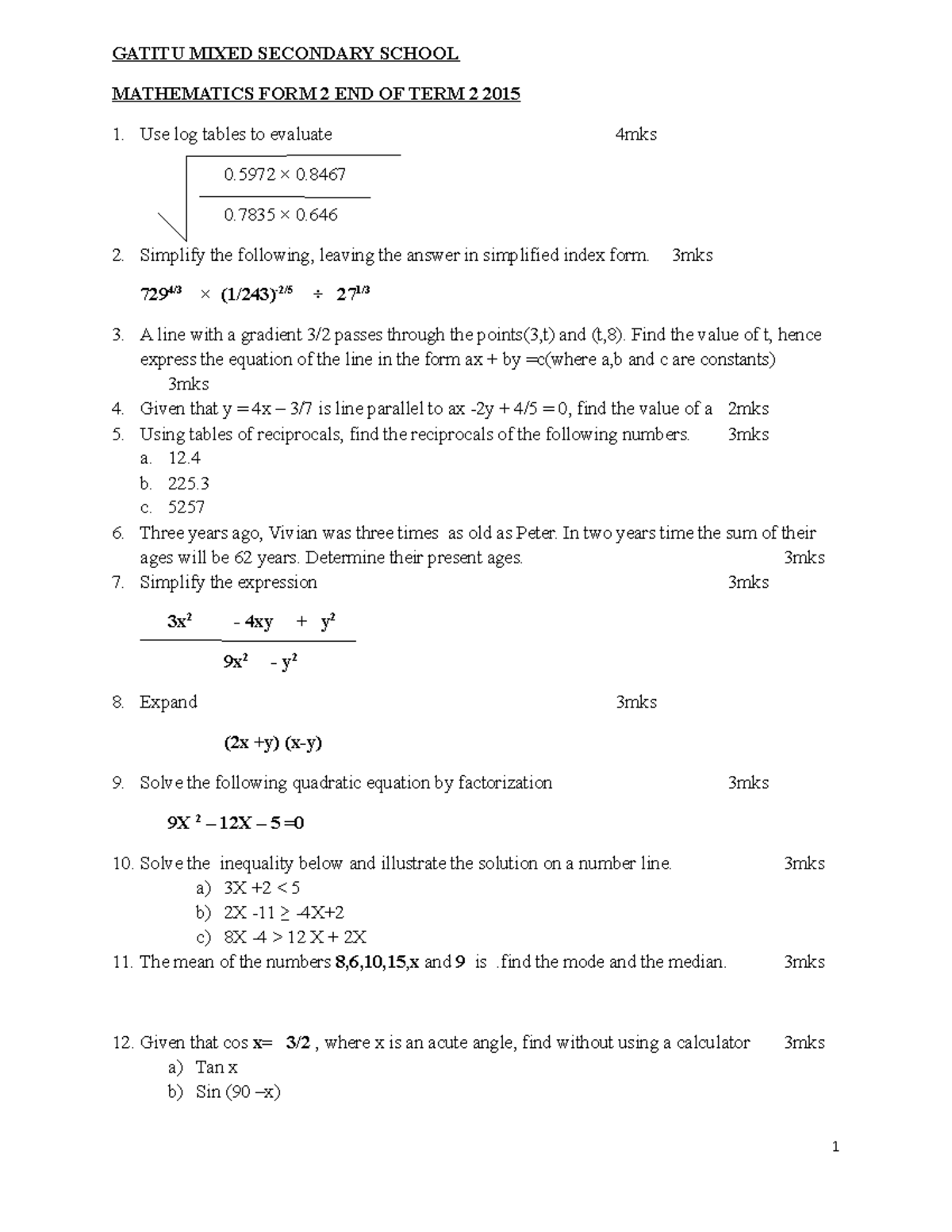 Math-f2 - GATITU MIXED SECONDARY SCHOOL MATHEMATICS FORM 2 END OF TERM ...