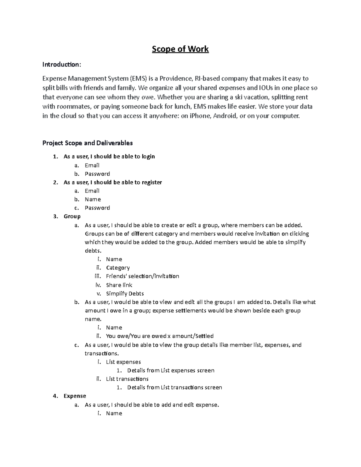 Scope Documentation - Scope of Work Introduction : Expense Management ...