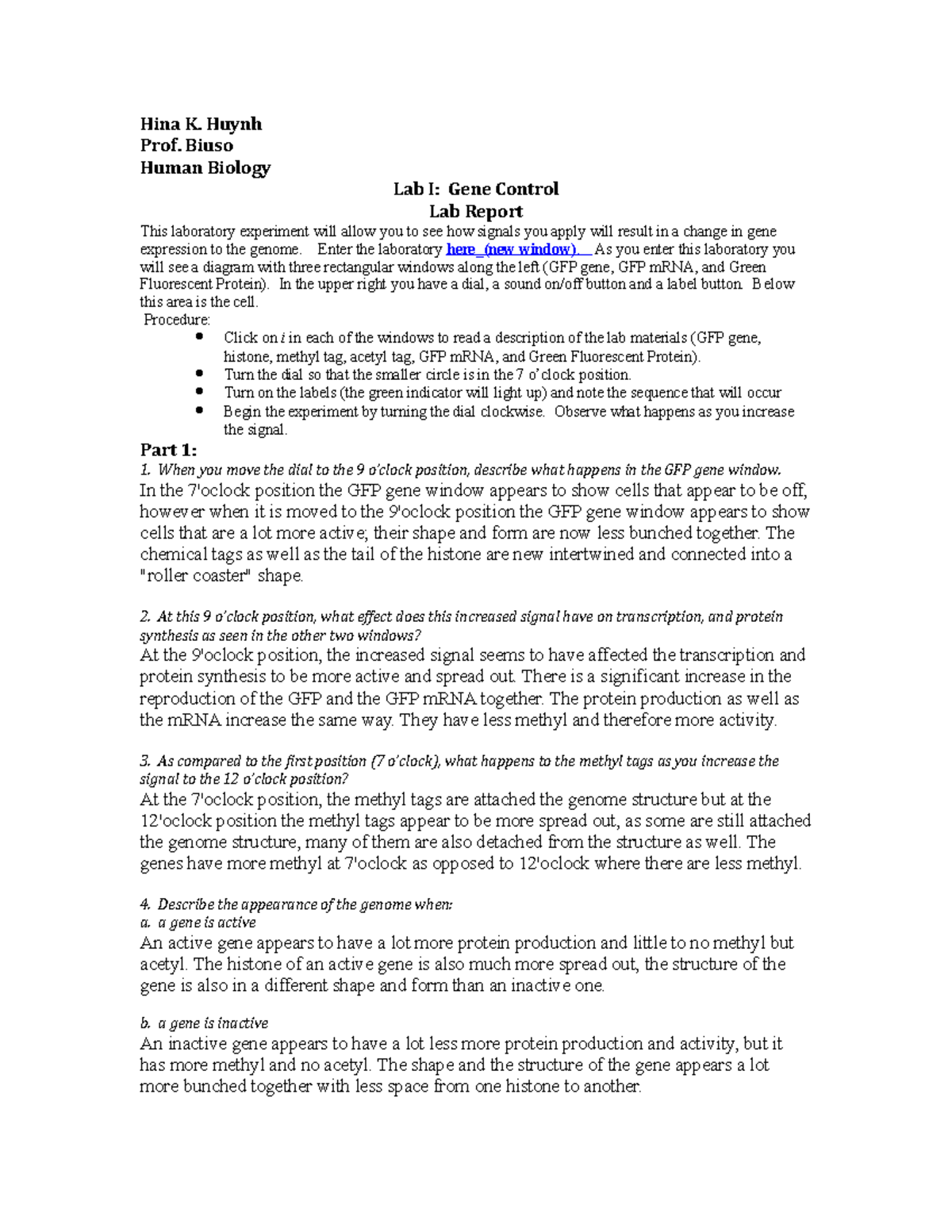 HUM BIO-Lab1Report - Prof. Buiso - Lab - Hina K. Huynh Prof. Biuso ...