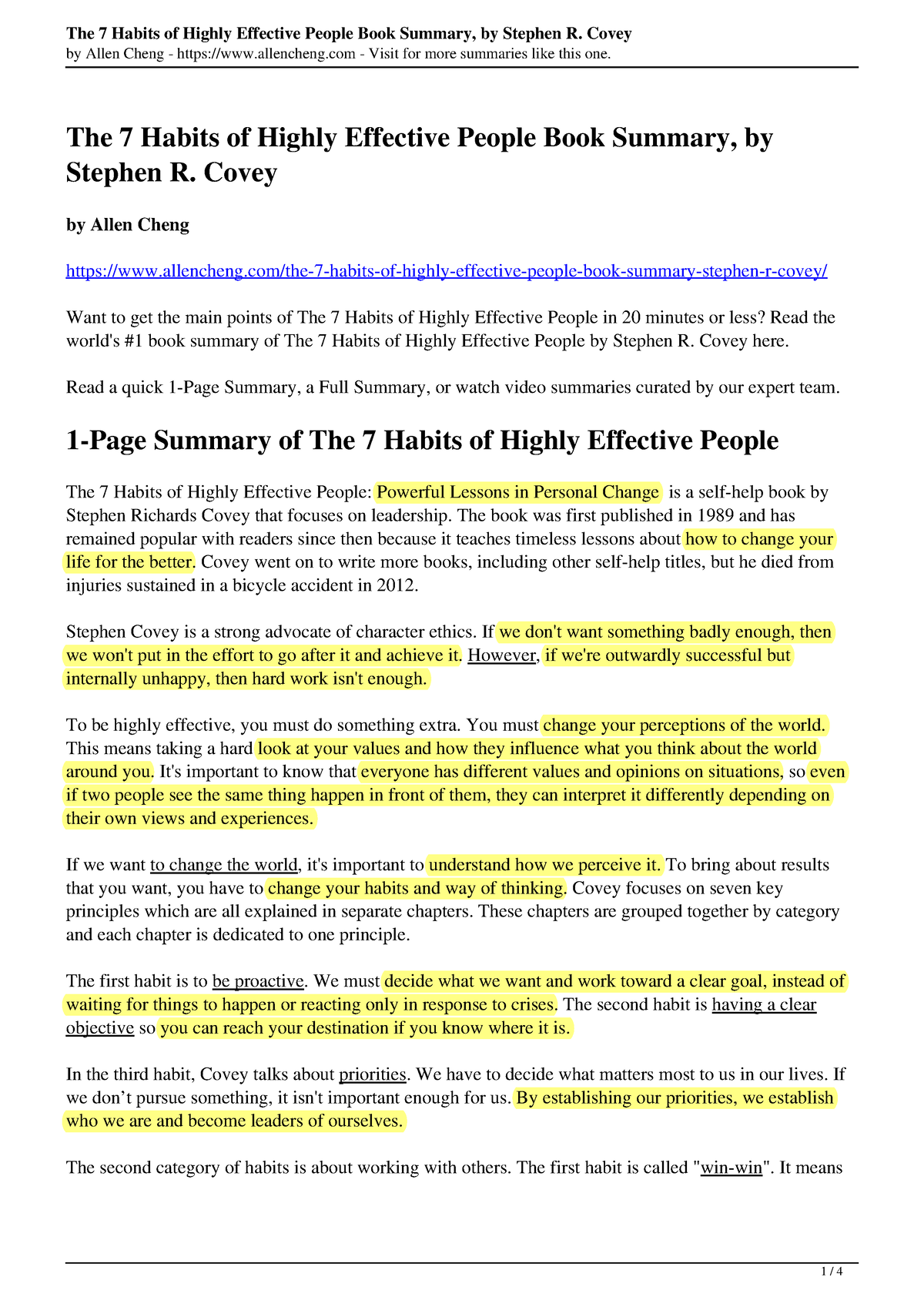 The 7 Habits Of Highly Effective People Book Summary Stephen R Covey