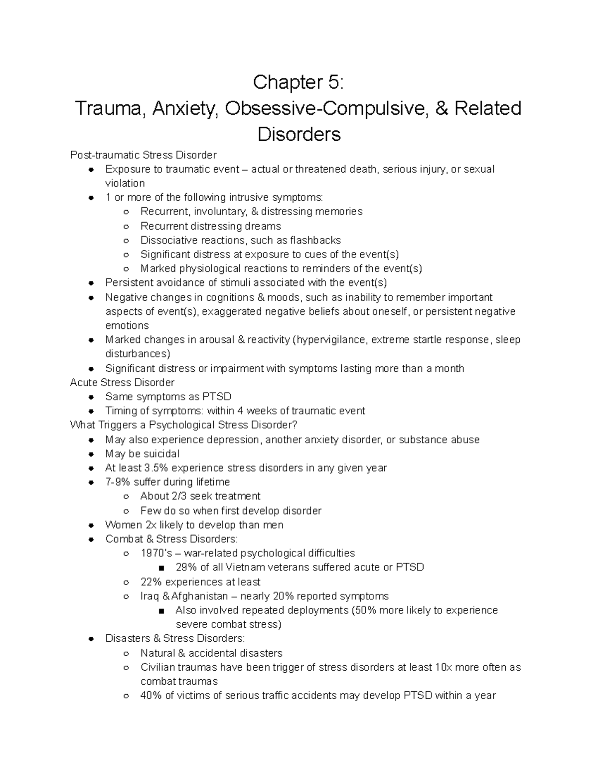 Psychology Typed Notes - Chapter 5 - Chapter 5: Trauma, Anxiety ...