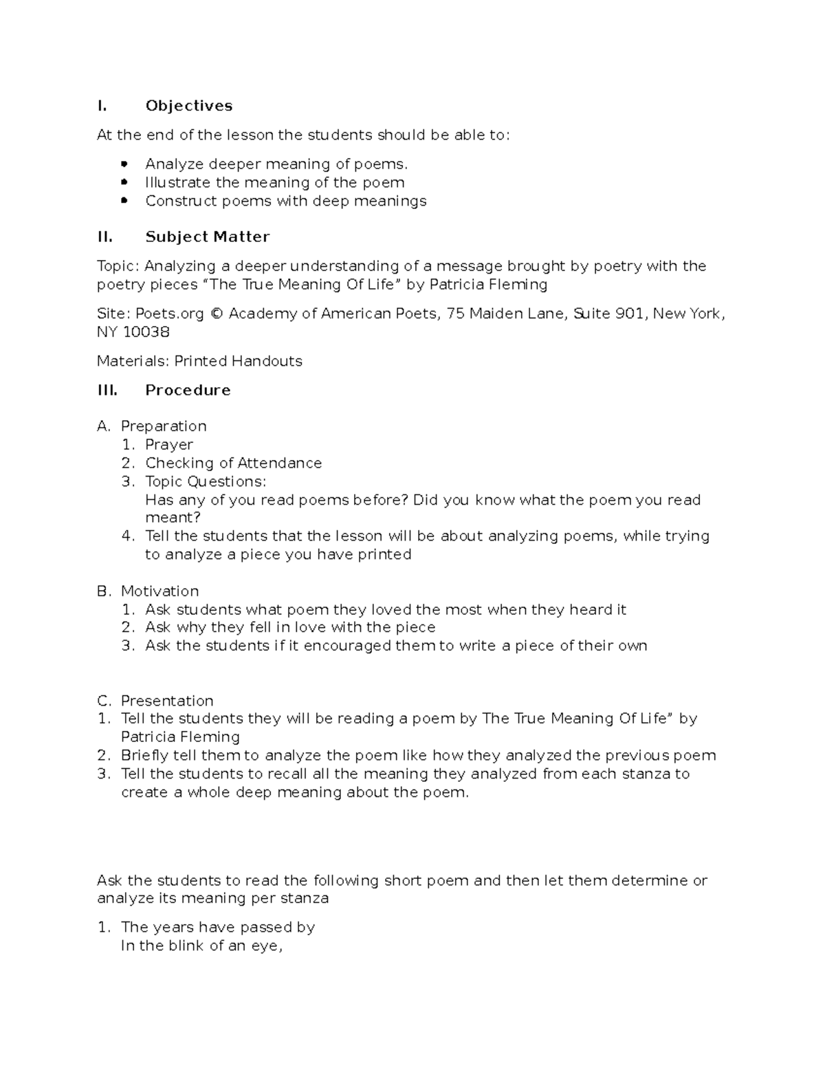 LP, TheTrueMeaningOfLife I. Objectives At the end of the lesson