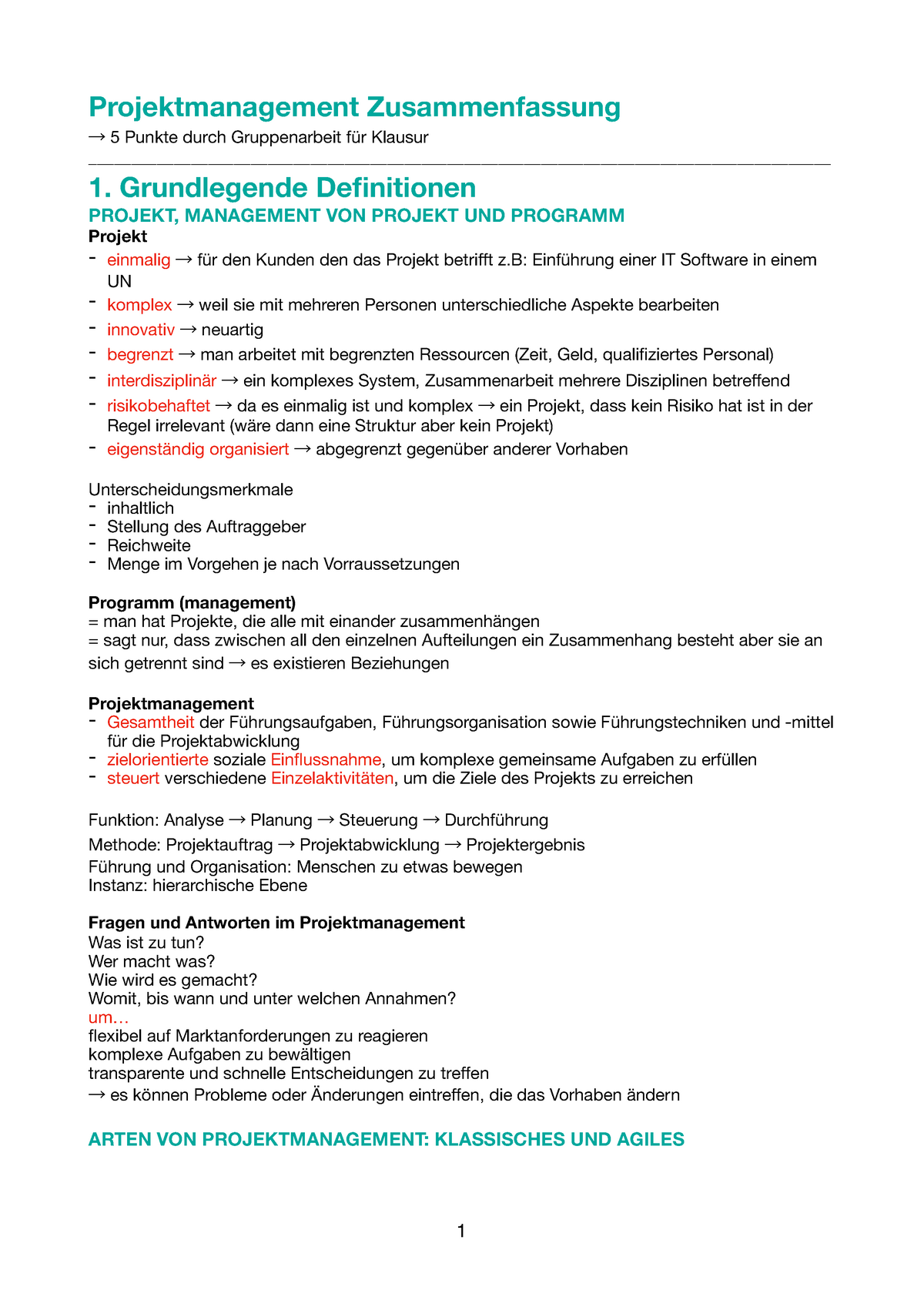 Projektmanagement Zusammenfassung - Grundlegende Definitionen PROJEKT ...