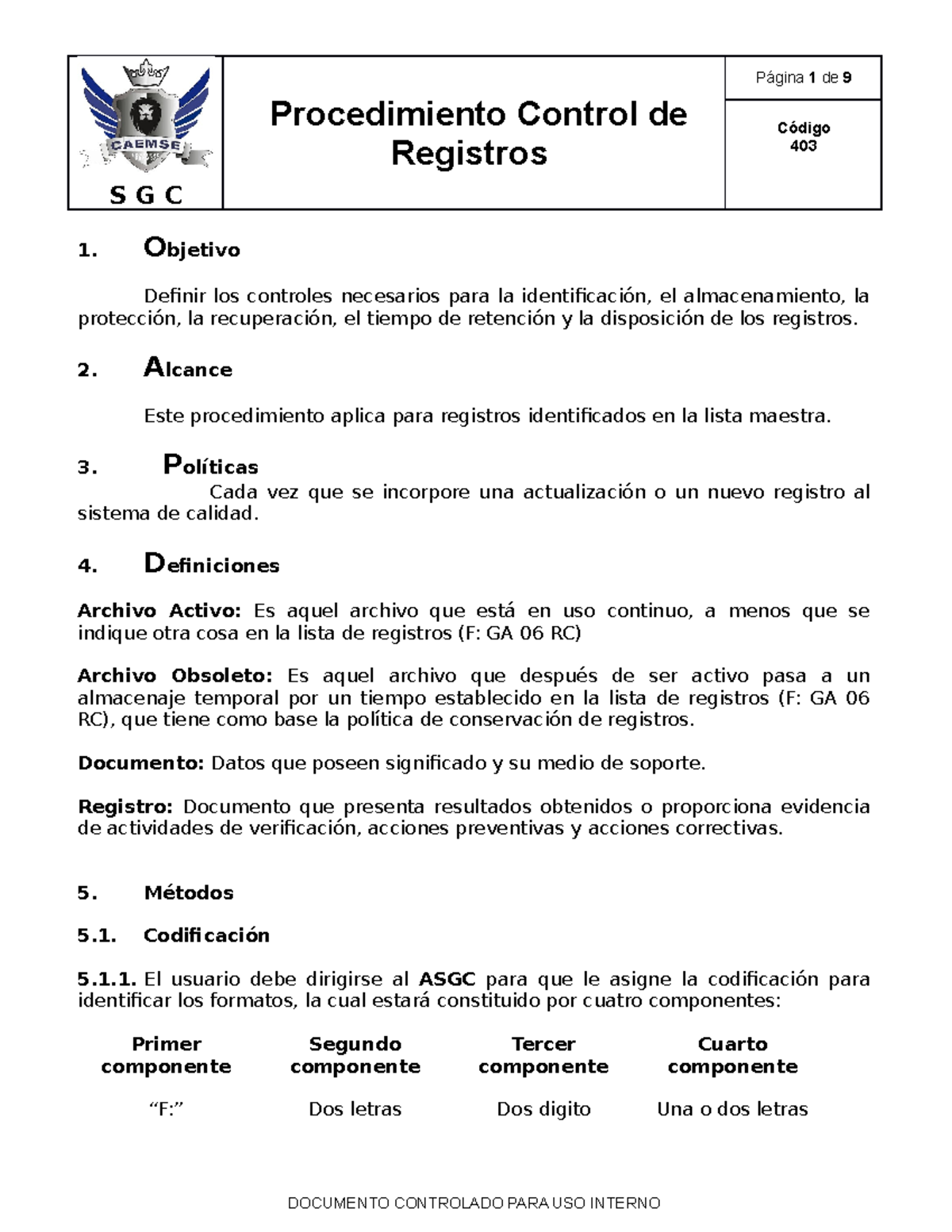 PR 403 Elaboración y control de registros - S G C Procedimiento Control ...
