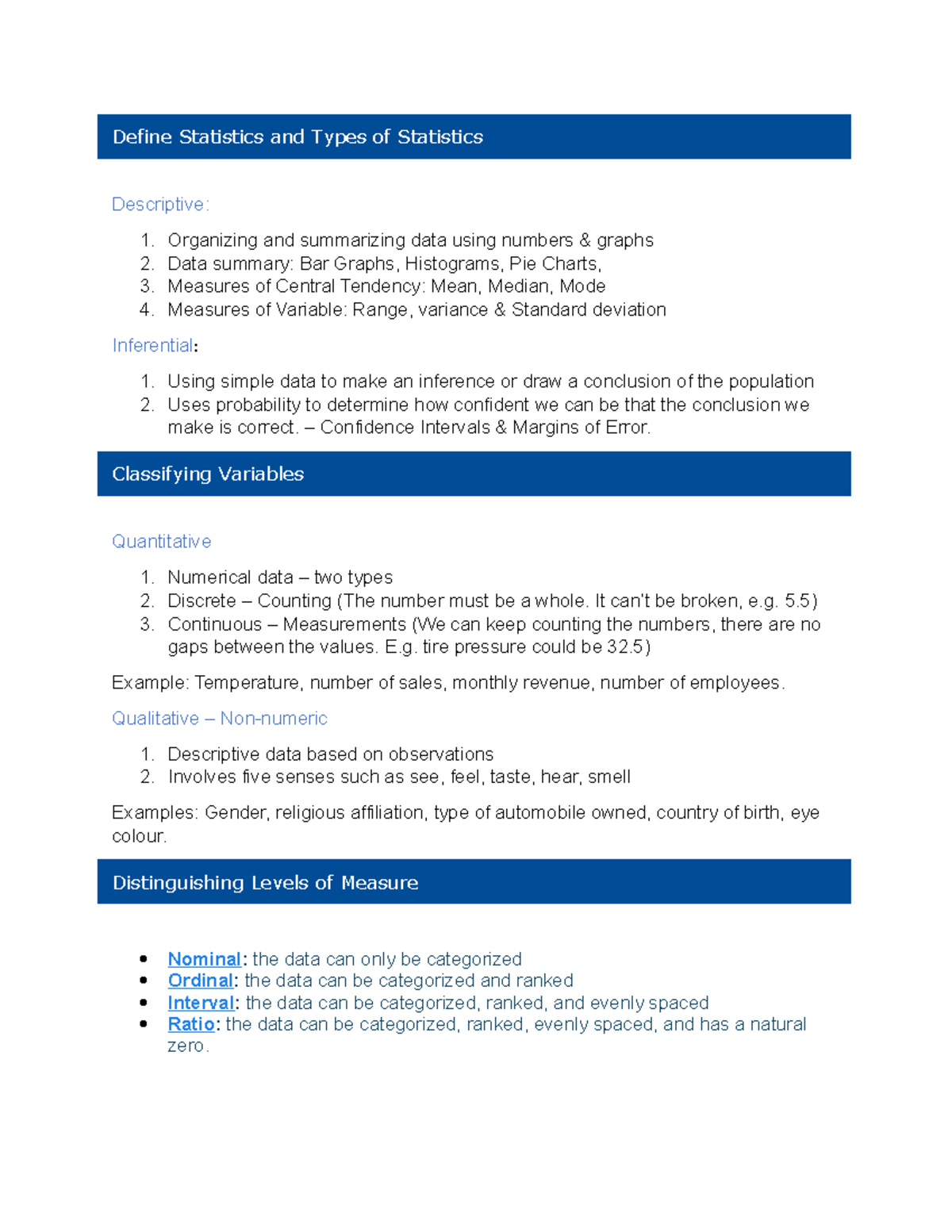 Quiz 1 - Study Notes - Define Statistics and Types of Statistics ...