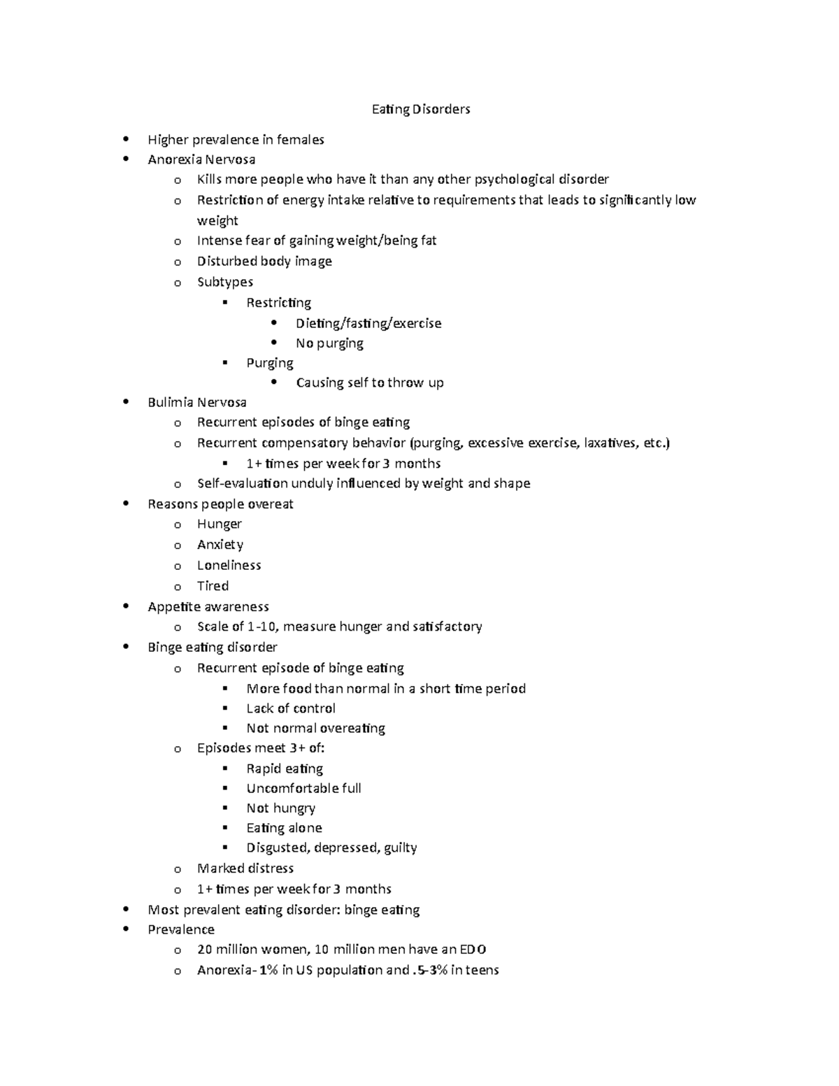 Eating Disorders notes - Eating Disorders Higher prevalence in females ...