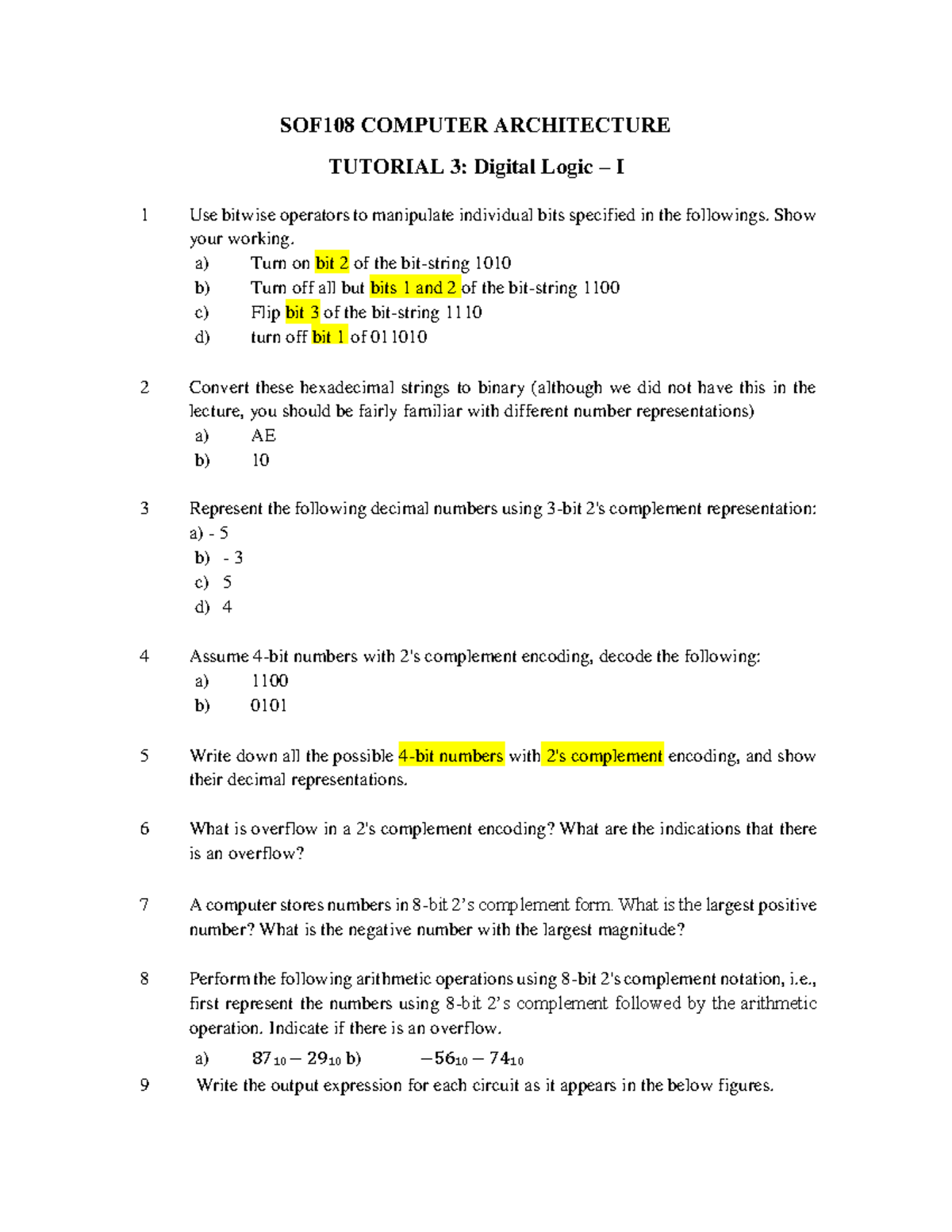 Tutorial 3 question paper - SOF108 COMPUTER ARCHITECTURE TUTORIAL 3 ...