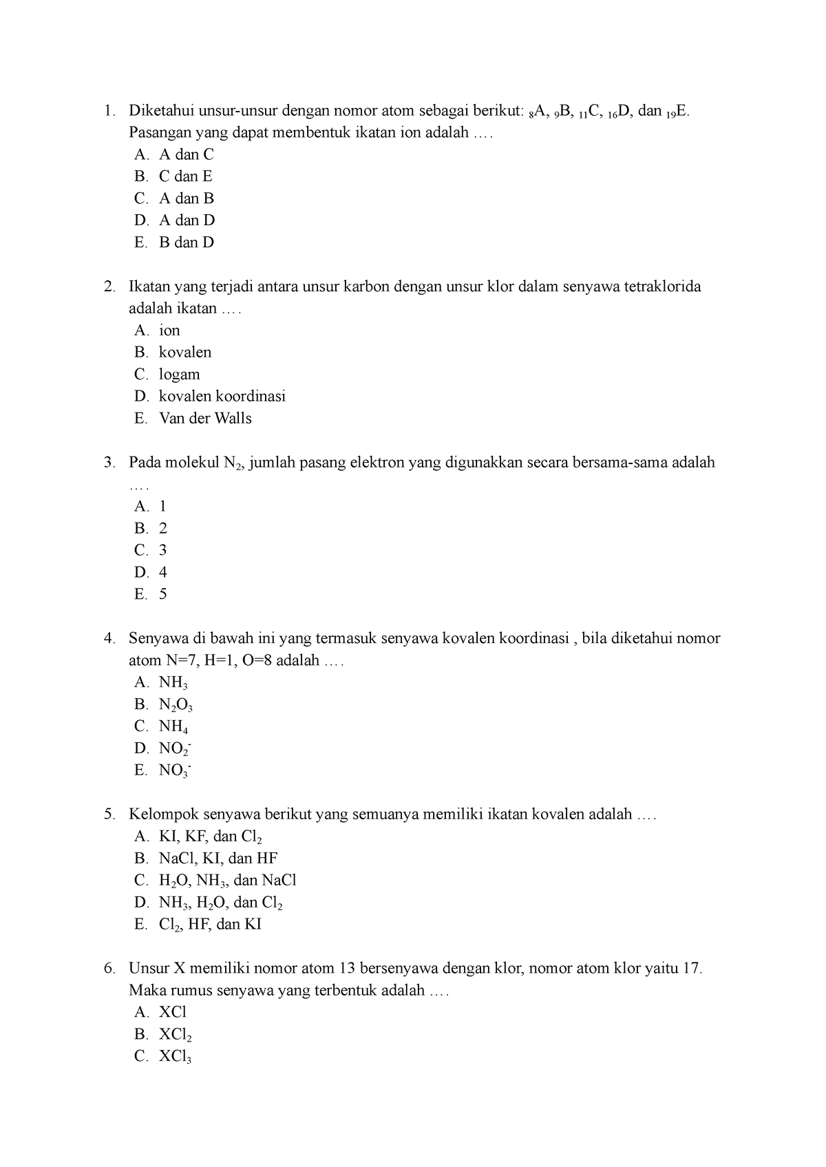 Latihan Ikatan Kimia - Diketahui Unsur-unsur Dengan Nomor Atom Sebagai ...