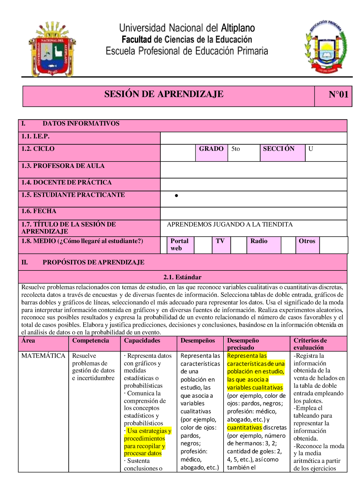 Sesion De Aprendizaje Matematica - I. DATOS INFORMATIVOS 1. I.E. CICLO ...