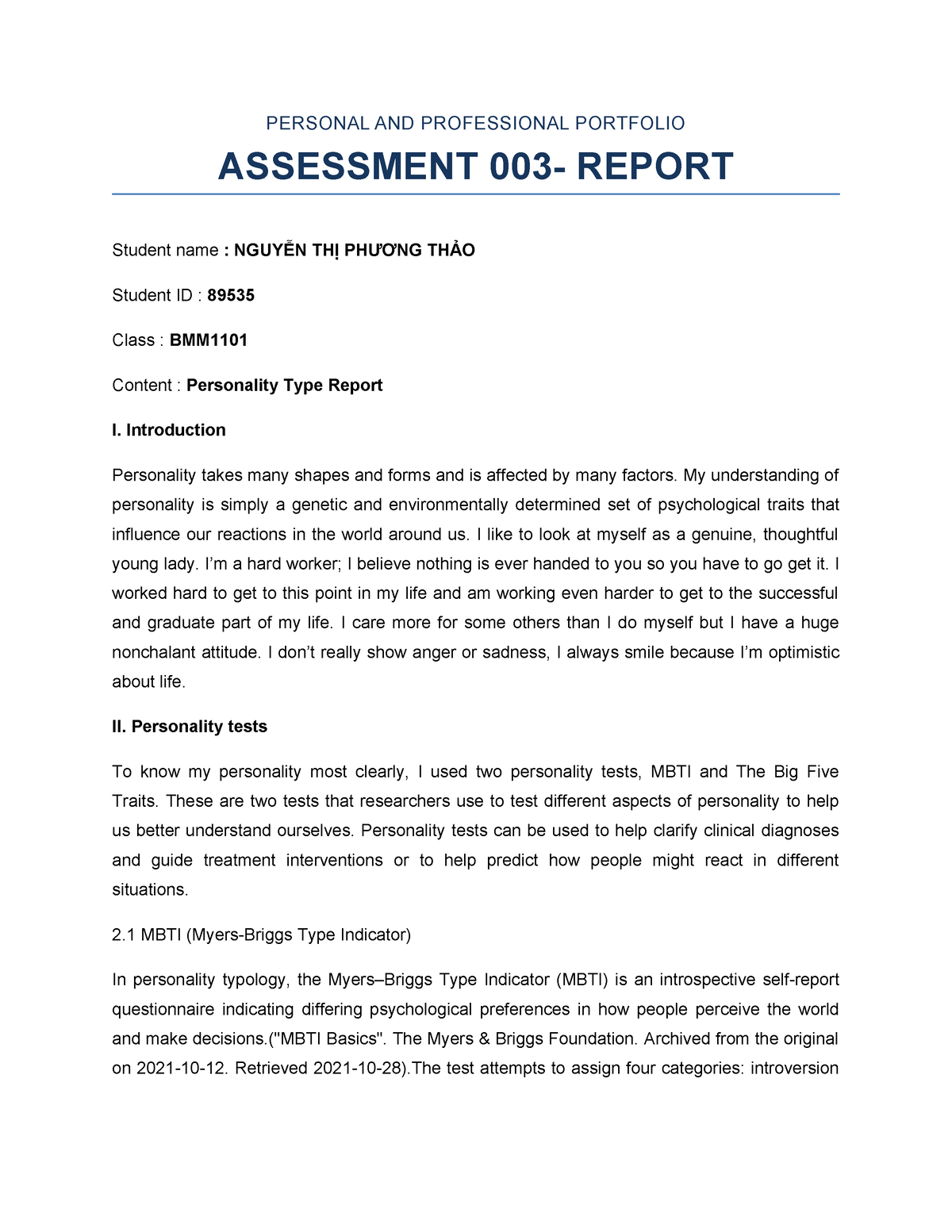 Assessment 003- Report - PERSONAL AND PROFESSIONAL PORTFOLIO ASSESSMENT ...