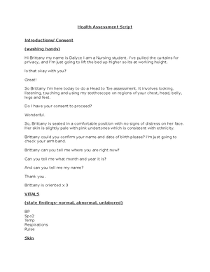 Soape Note - health assessment SOAP note - SOAPE NOTE Name: Mrs. W ...