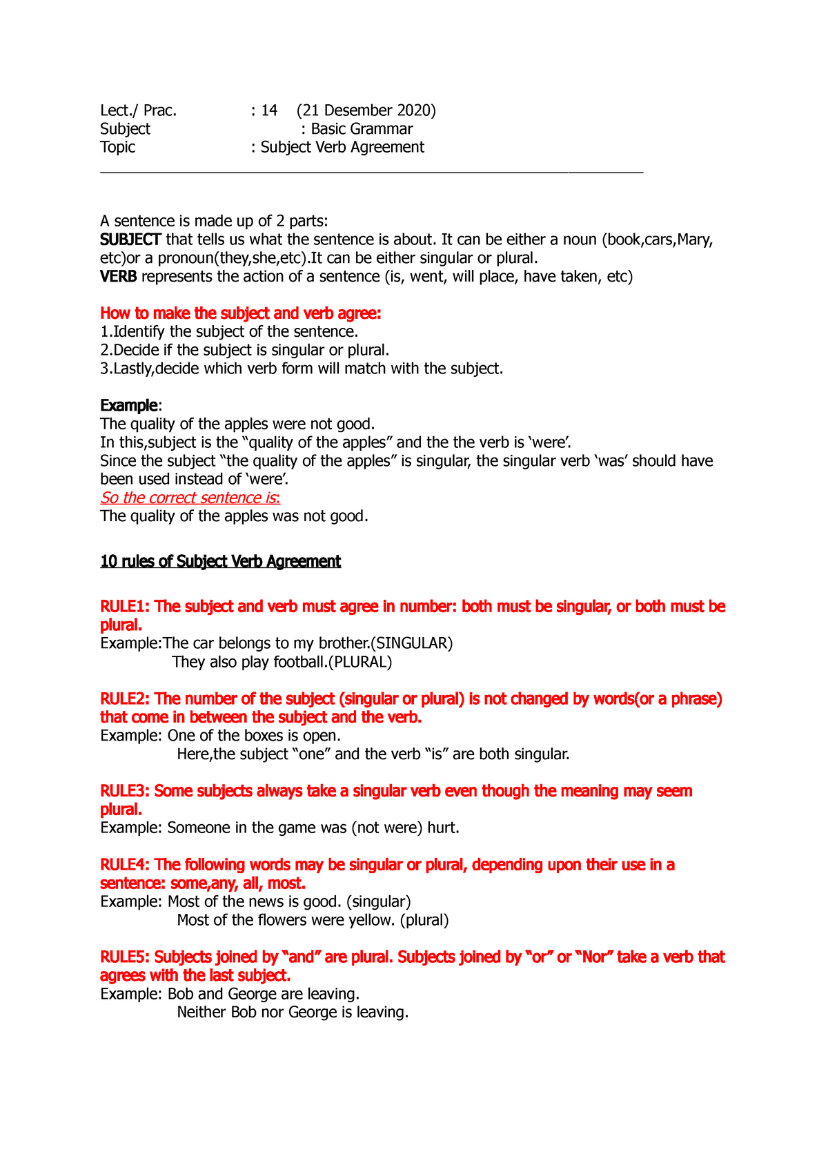 Subject Verb Agreement - Lect./ Prac. : 14 (21 Desember 2020) Subject ...