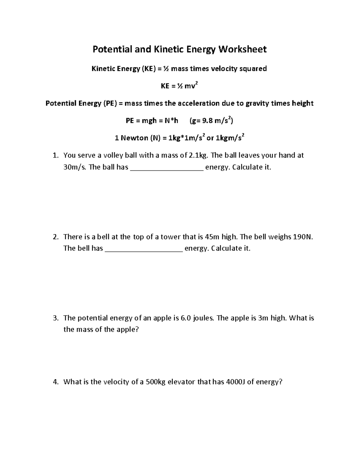 Potential And Kinetic Energy Worksheet The Ball Leaves Your Hand At 