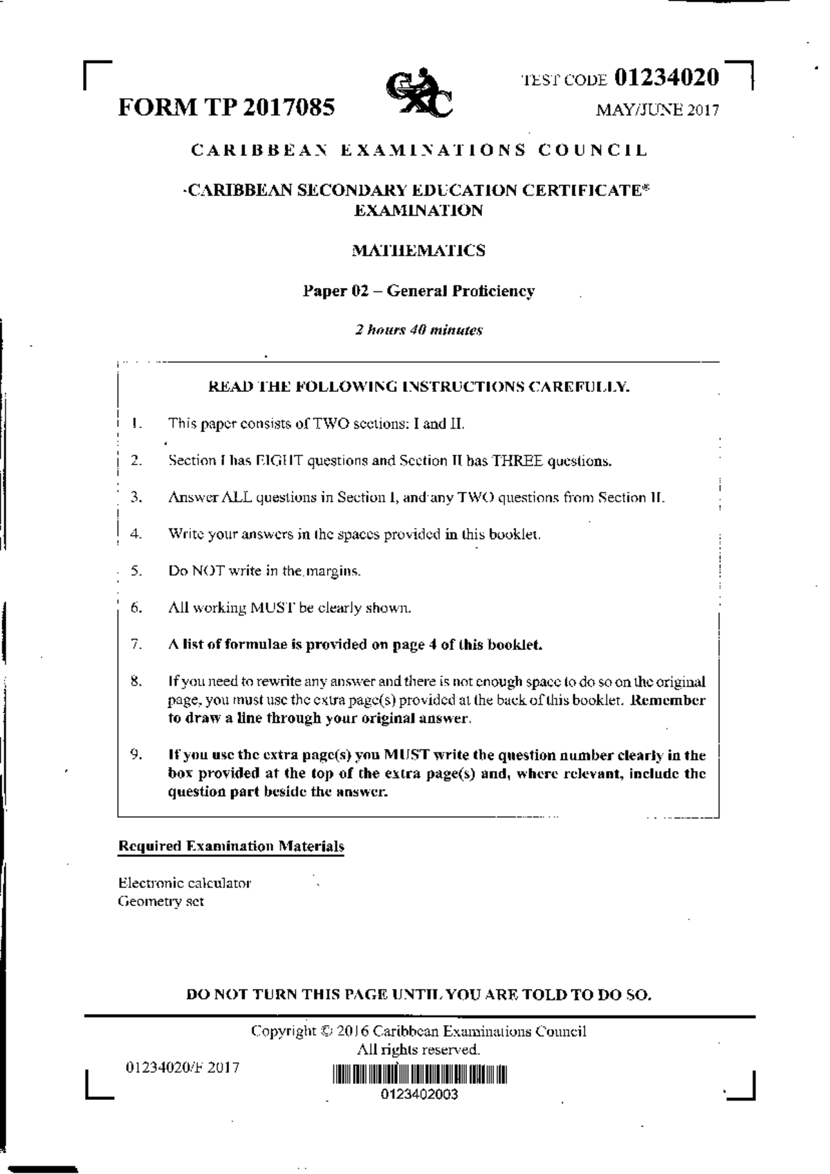 May 2017 - Math paper - TEST CODE 01234020 FORM TP 2017085 2017 ...