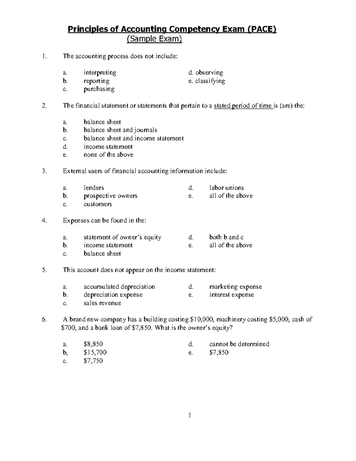Accounting question Principles of Acc. Competency Exam - Principles of ...