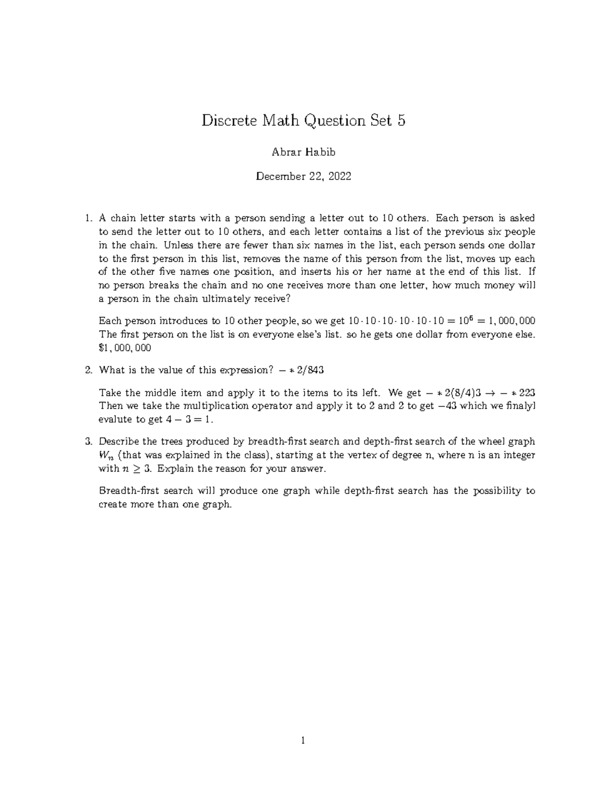 Qset5 - question set 5 - Discrete Math Question Set 5 Abrar Habib ...