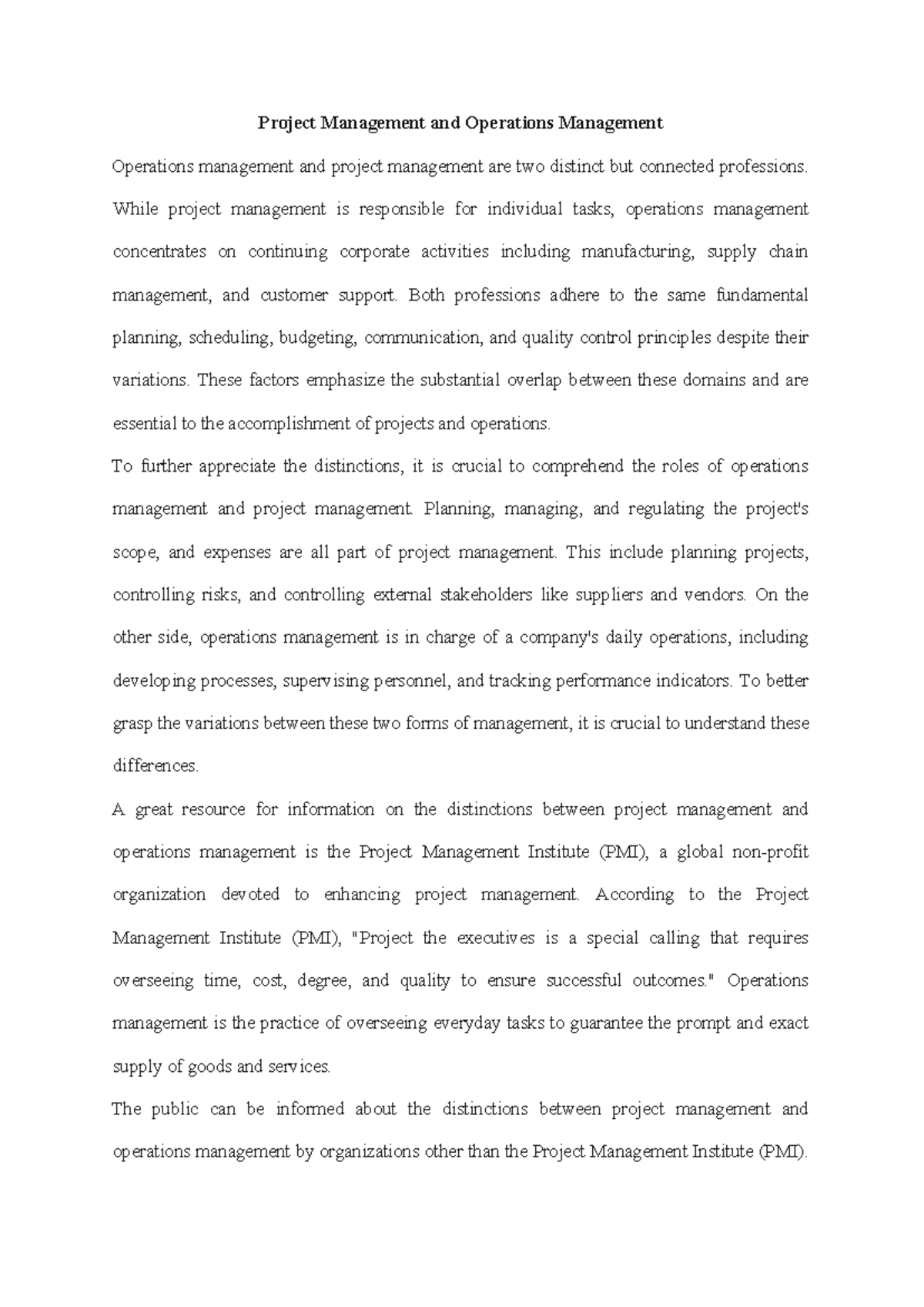 Project Management and Operations Management - Project Management and ...