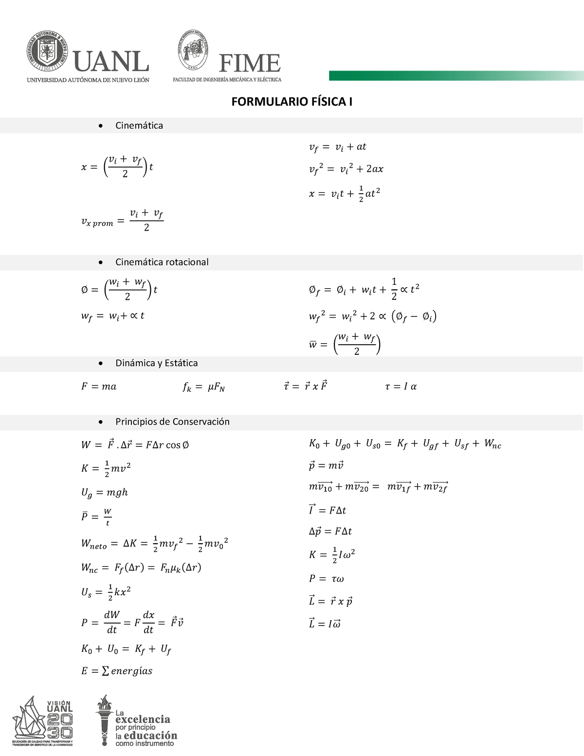 Formulario Fisica I 1 Formulario FÍsica I Cinemática 𝑥 𝑣 𝑖 𝑣𝑓 2 𝑡 𝑣𝑥 𝑝𝑟𝑜𝑚 𝑣 𝑖 𝑣𝑓 2 2729