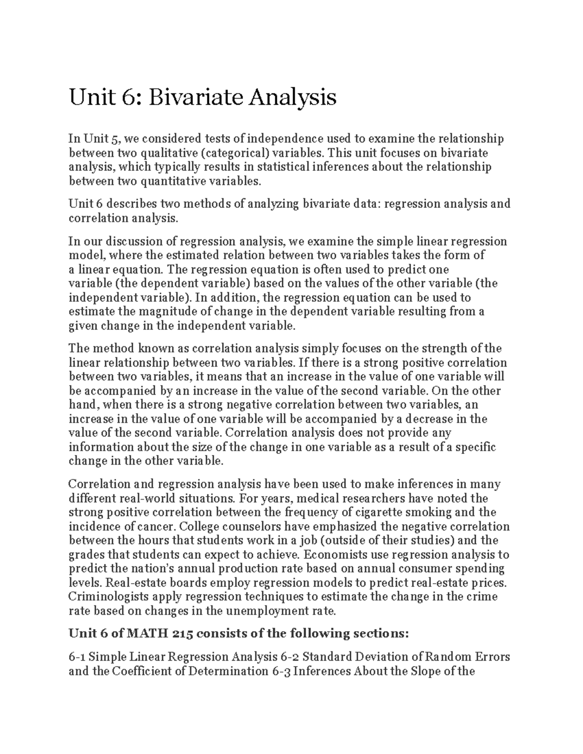 MATH Unit 6 Bivariate Analysis - Unit 6: Bivariate Analysis In Unit 5 ...