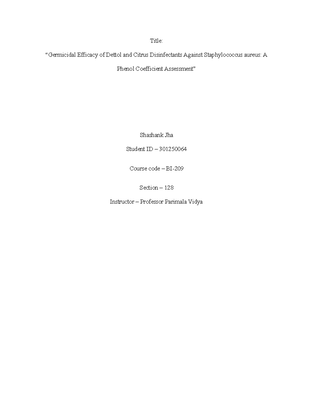 SEMI Formal Report - Title: “Germicidal Efficacy of Dettol and Citrus ...