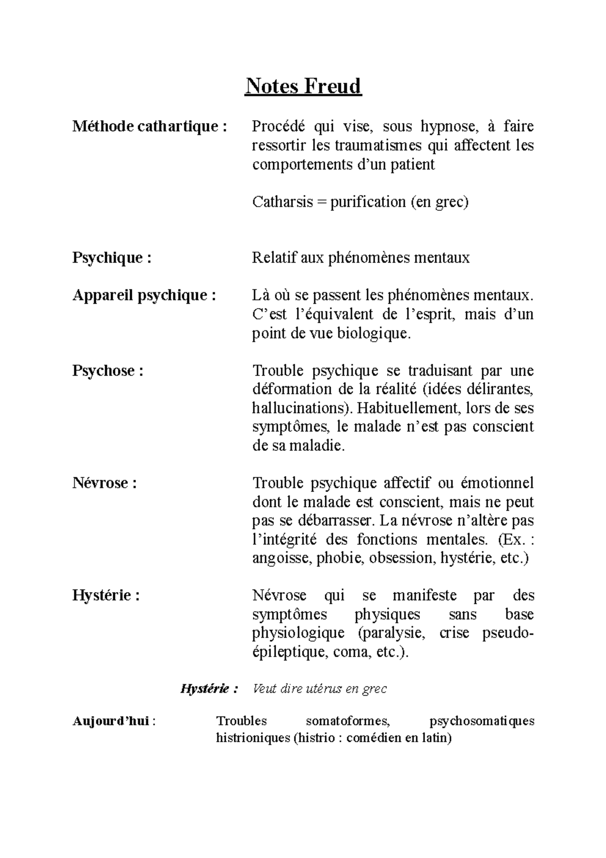 Notes Freud H10 - Notes Freud Méthode cathartique : Procédé qui vise ...