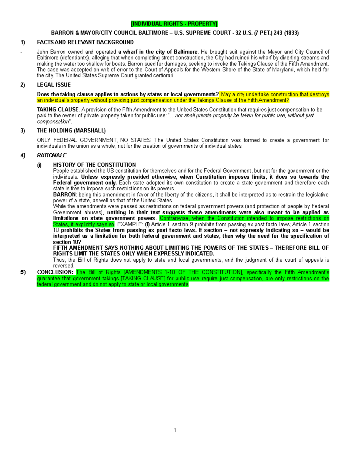 Individual Right Conlaw Case Brief Barron V Baltimore Individual Right Conlaw Case Brief Barron V Baltimore
