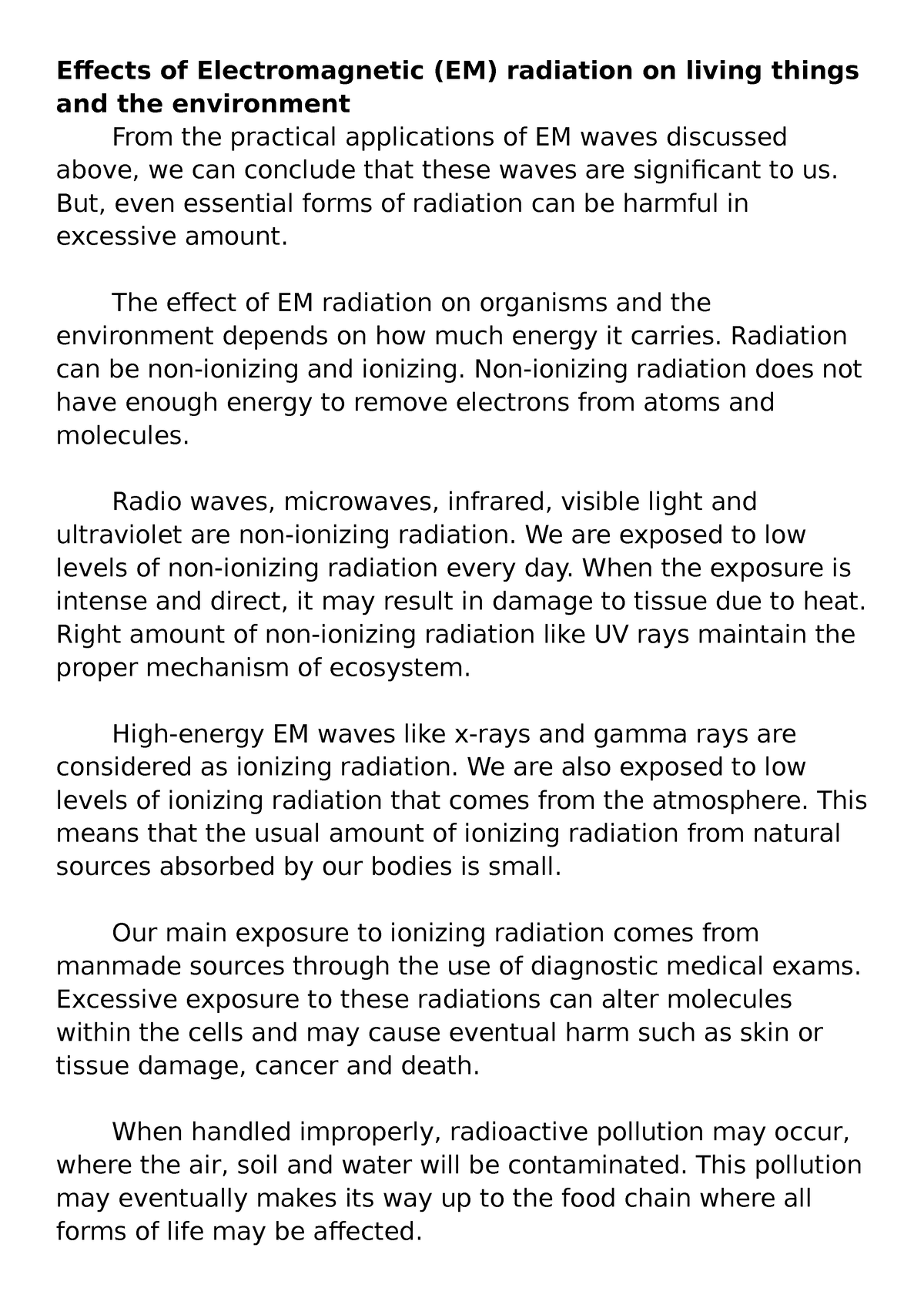 write an expository essay explaining the effects of em radiation