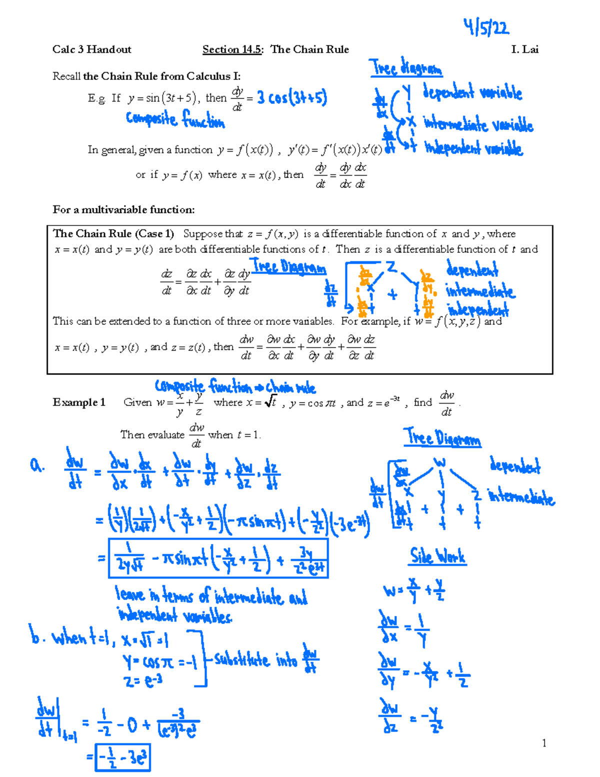 The Chain Rule Lesson 14.5 - 1 Calc 3 Handout Section 14: The Chain ...