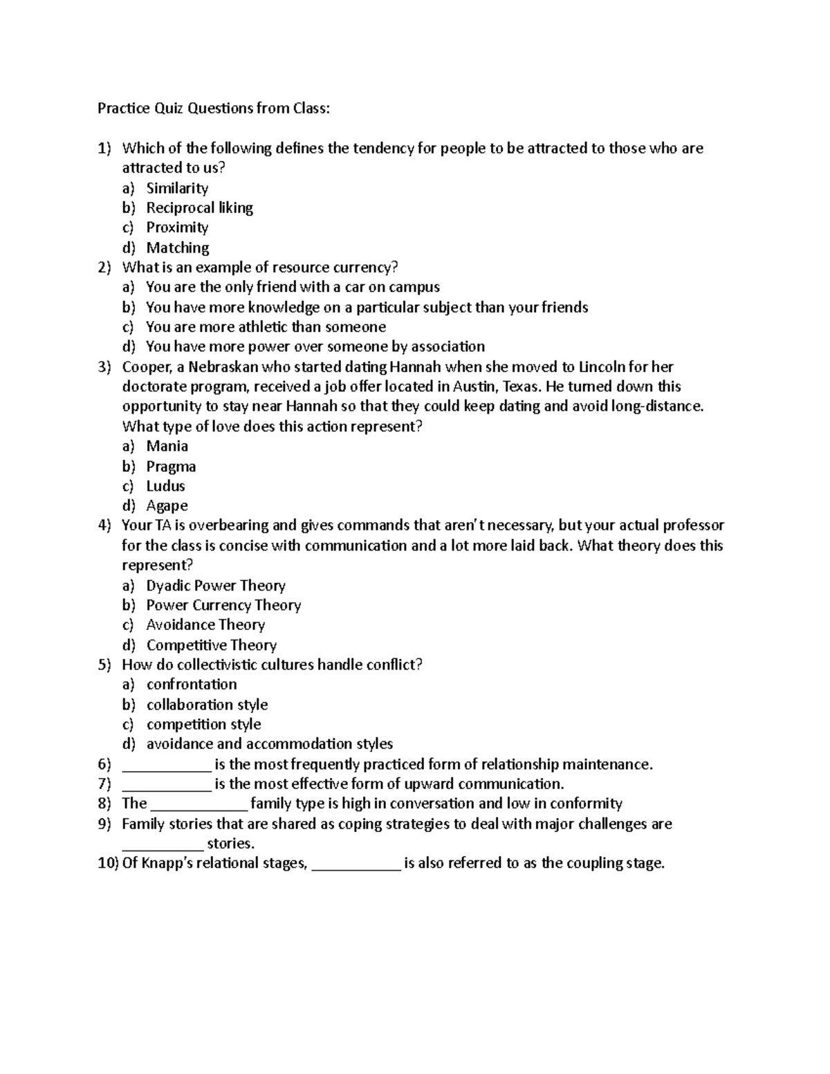 Comm exam 3 practice questions - Practice Quiz Questions from Class ...