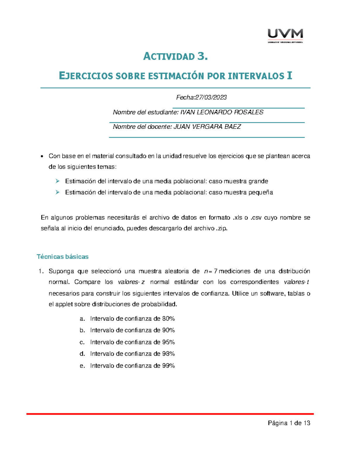 A#3 ILR Estadistica Inferencial - ACTIVIDAD 3. EJERCICIOS SOBRE ...