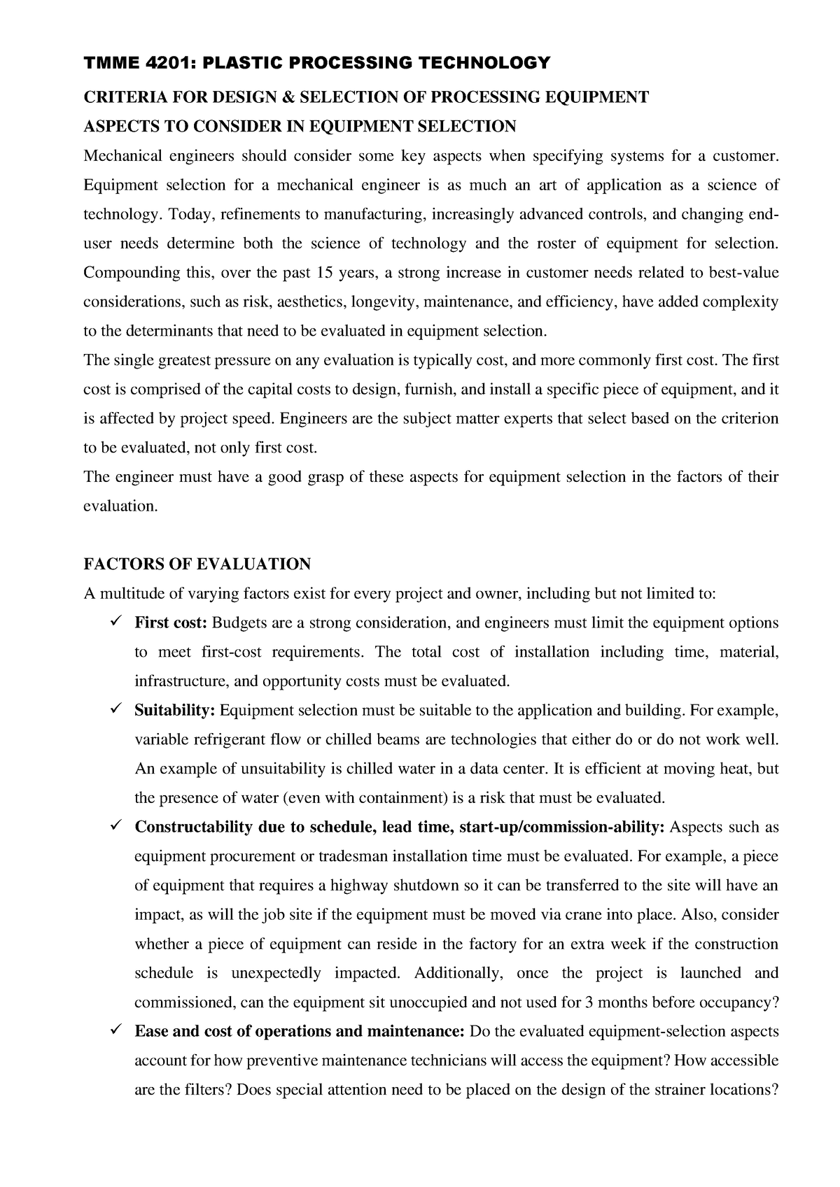 Criteria FOR Design - Plastic processing technology - CRITERIA FOR ...