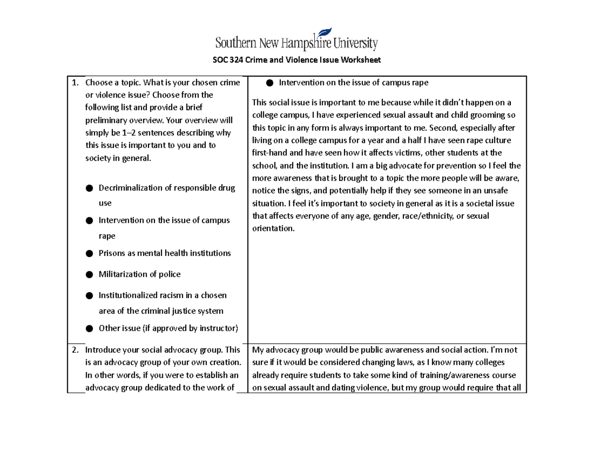 Soc324 crime and violence issue worksheet - SOC 324 Crime and Violence ...