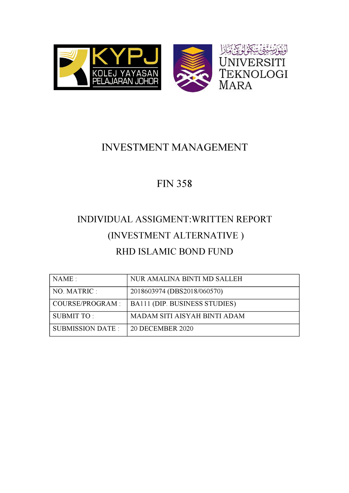 FIN358 Unit Trust - INVESTMENT MANAGEMENT FIN 358 INDIVIDUAL ASSIGMENT ...