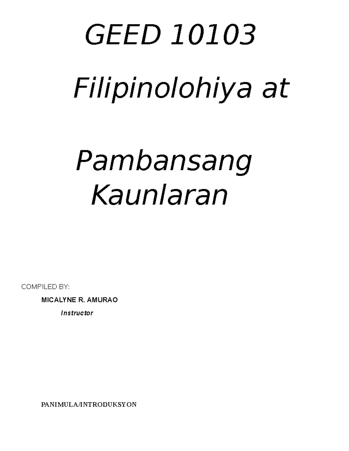 GEED 10103 Filipinolohiya At Pambansang Kaunlaran Micalyne R - GEED ...