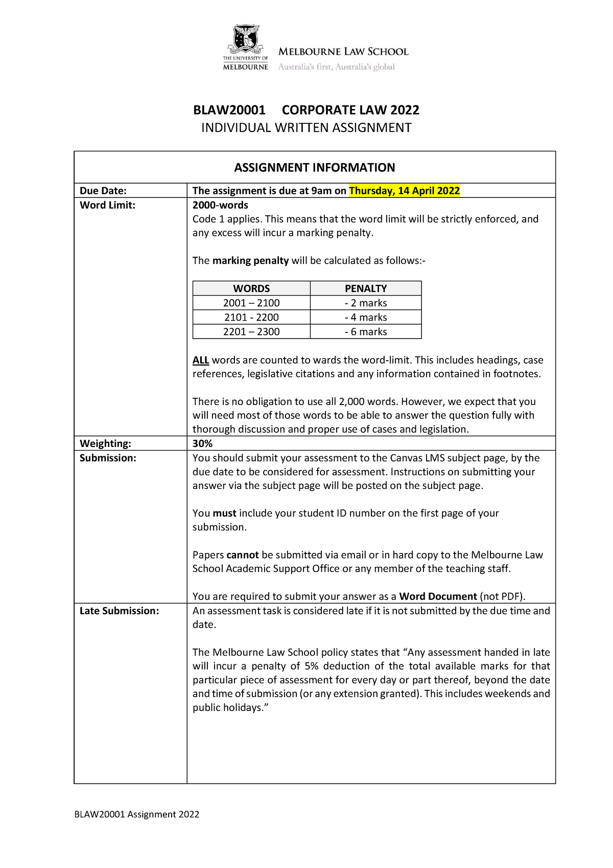 BLAW2000 1 Corporate Law 2022 - Written Assignement Final - BLAW20001 ...