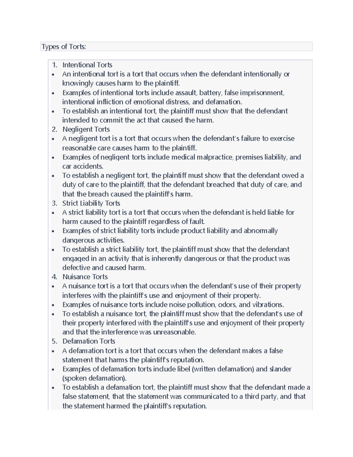 Types Of Torts - Notes - Types Of Torts: 1. Intentional Torts • An ...