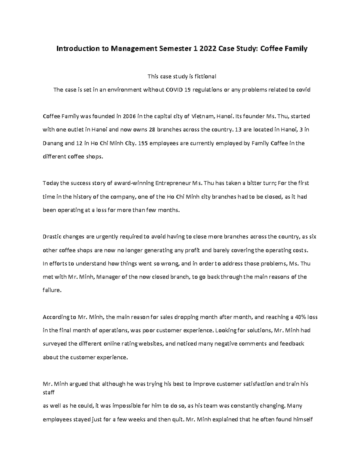 Introduction to Management Semester 1 2022 Case Study Introduction to