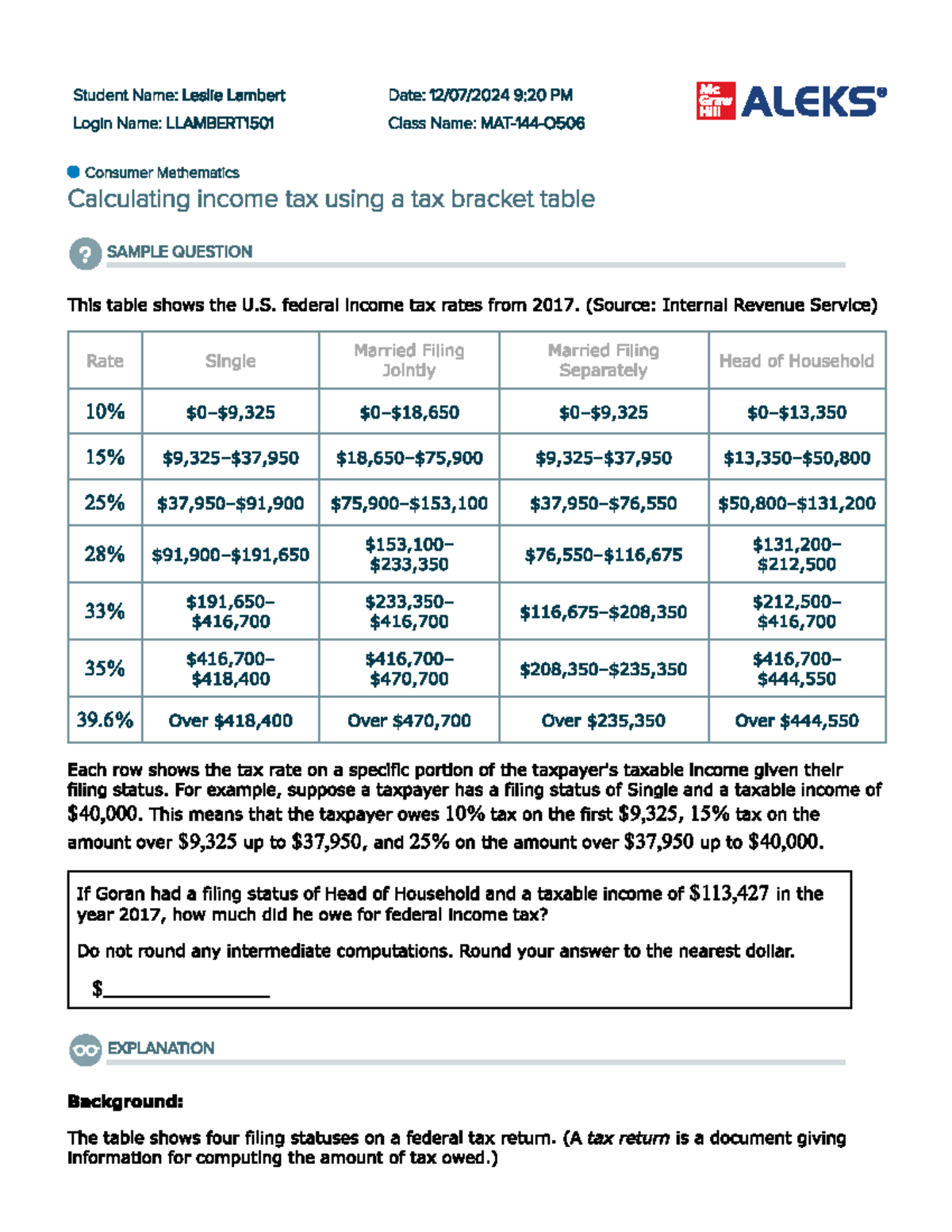 Calculating income tax bracket - Student Name: Leslie Lambert Date: 9: ...