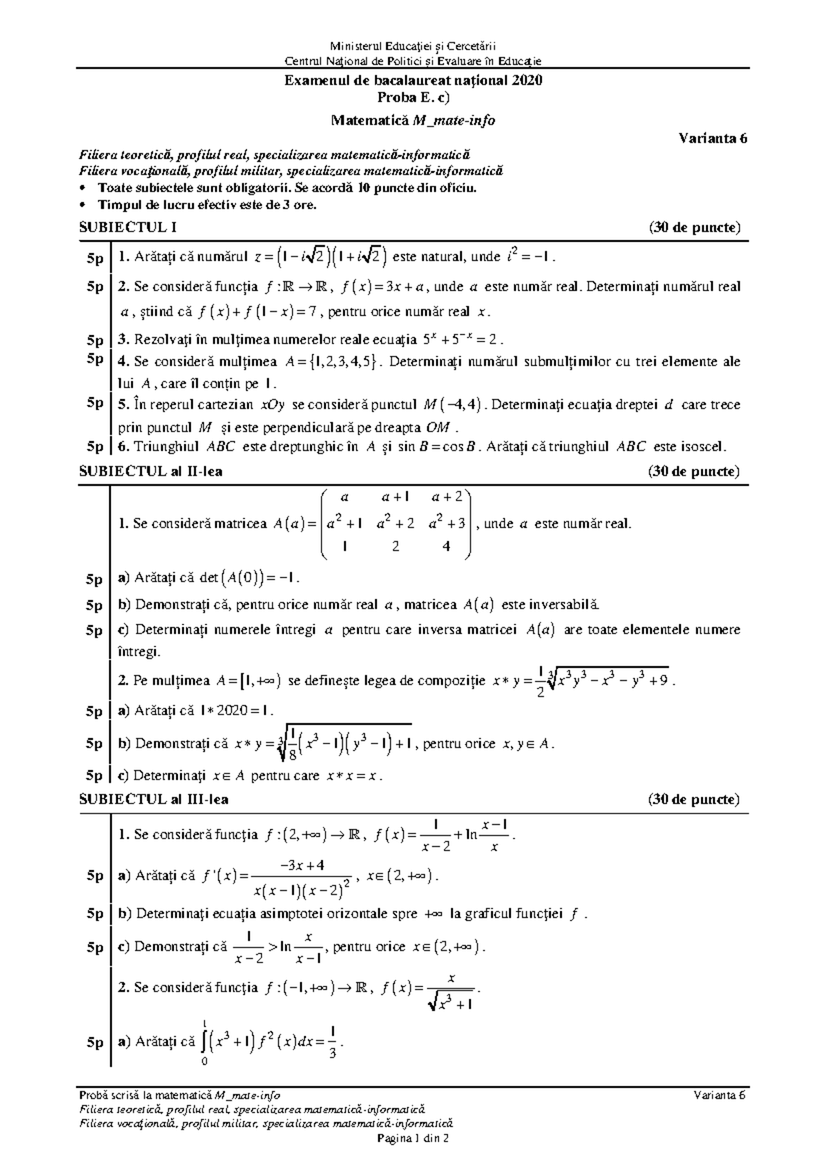 E c matematica M mateinfo 2020 var 06 LRO Ministerul Educaciei i Cercet rii Centrul Nacional
