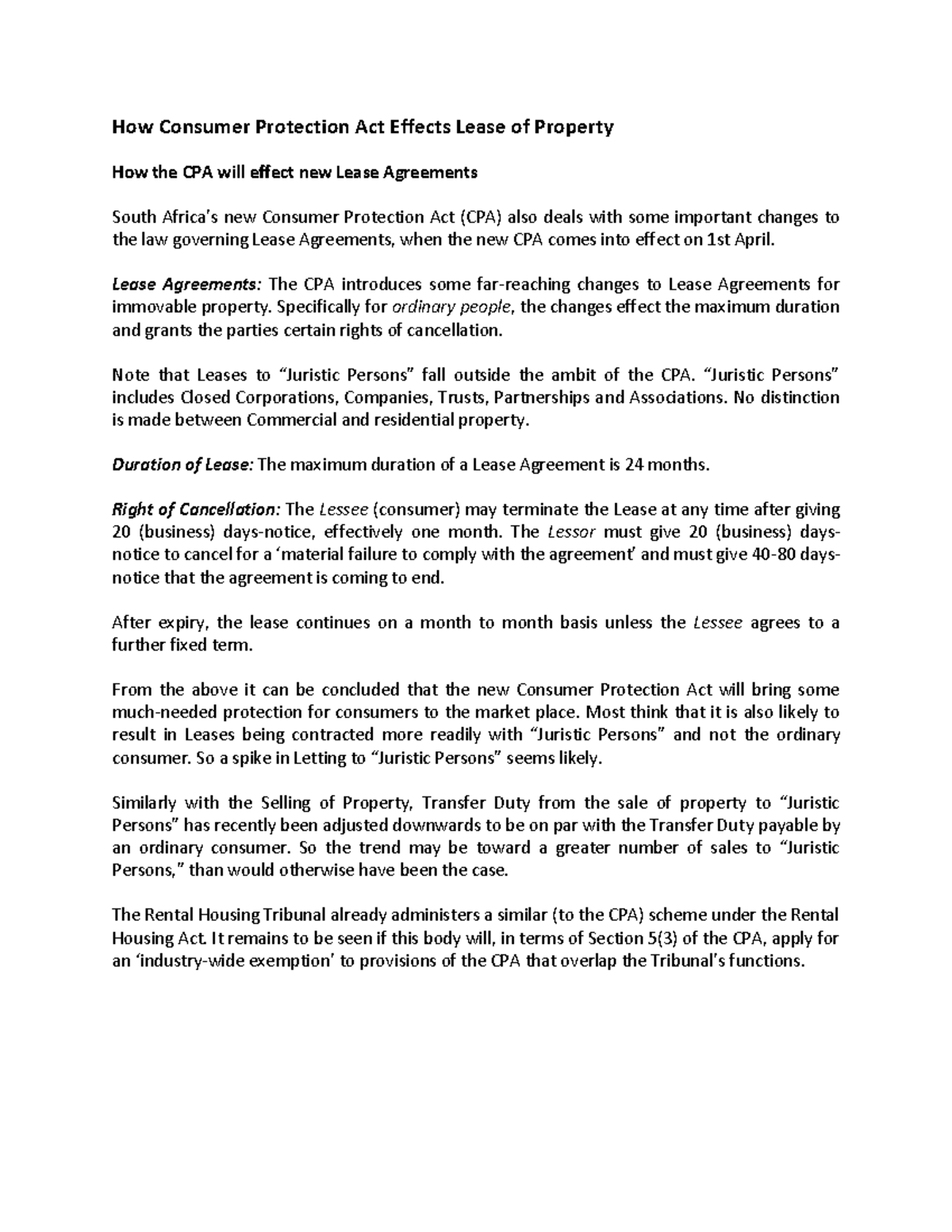 How consumer protection act effects lease of property How Consumer