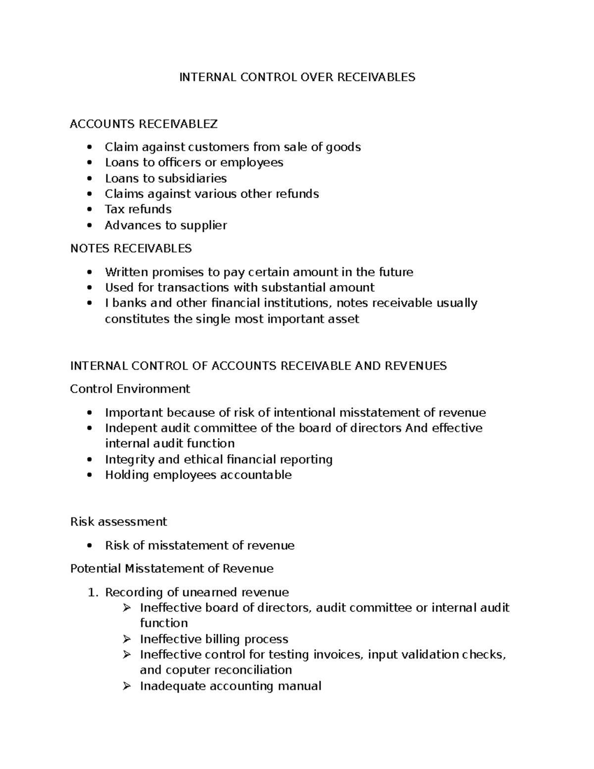 GBRI Reporting - Internal control over receivables - INTERNAL CONTROL ...