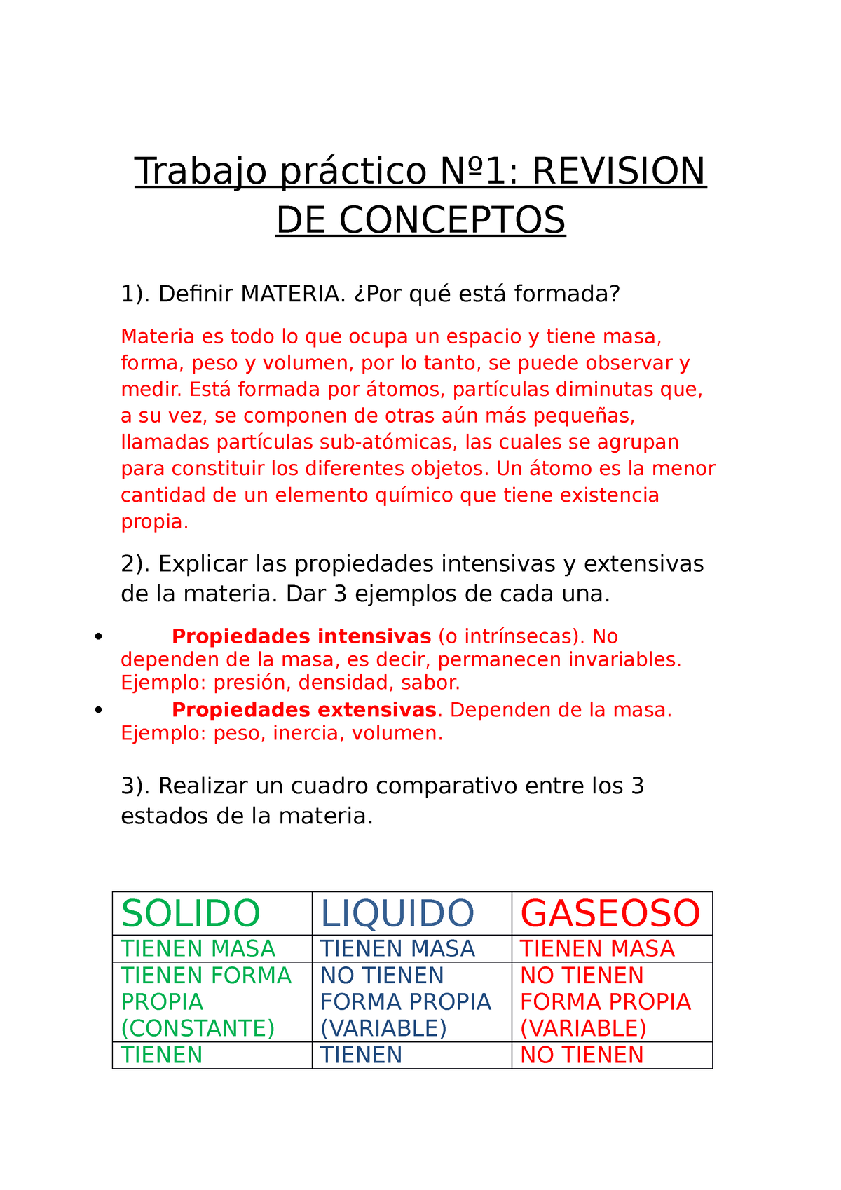 Fisicoquimica Trabajo 1 Trabajo Práctico Nº1 Revision De Conceptos 1 Definir Materia ¿por 5847