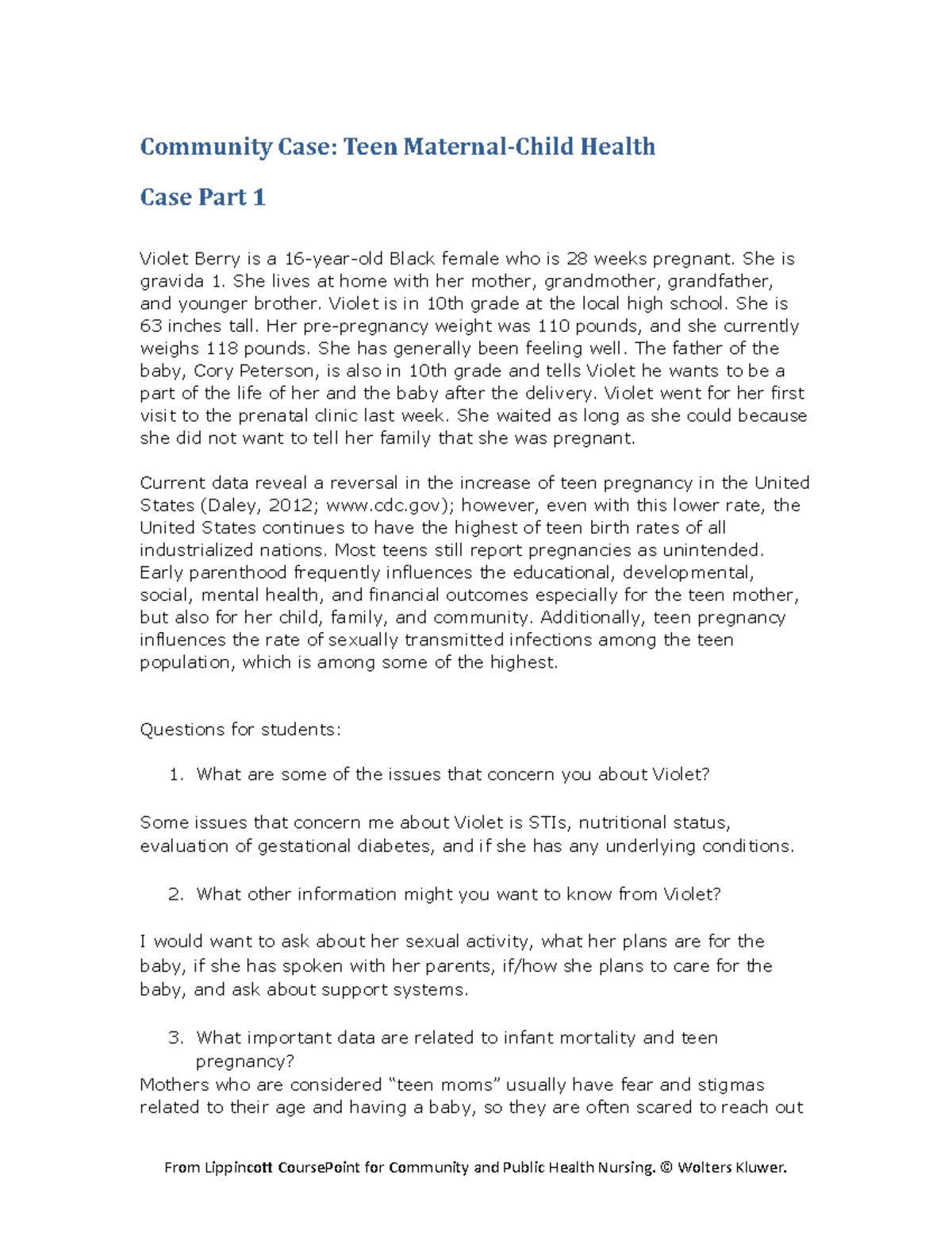 Teen MCH Case Study - Assignment - Community Case: Teen Maternal-Child ...