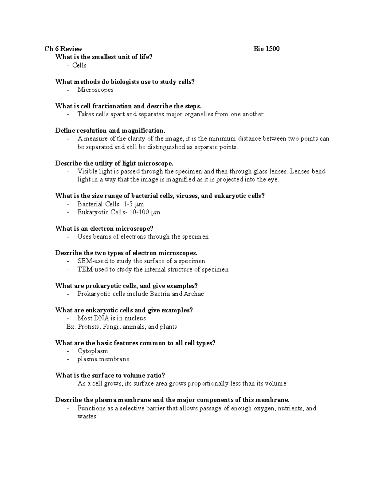 Ch 6 7 8 9 Review Bio 1500 - Summary Biology I/Lab - Ch 6 Review What ...