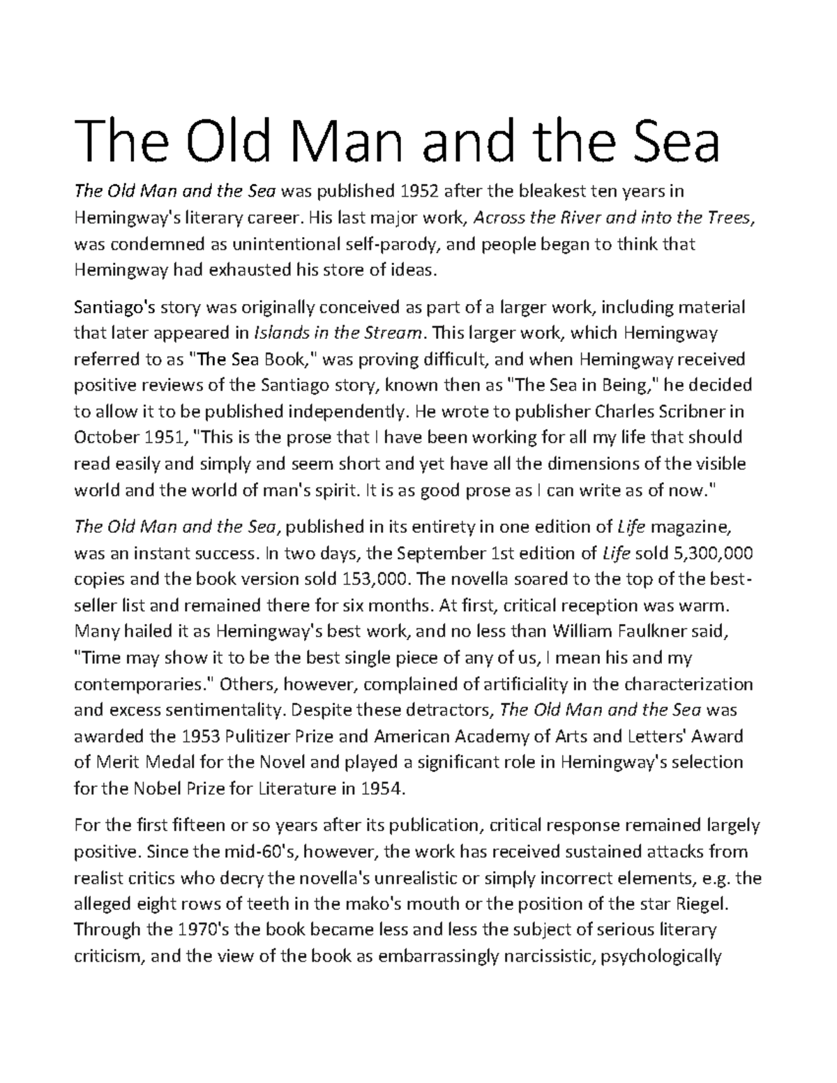 Why Is The Old Man And The Sea Important