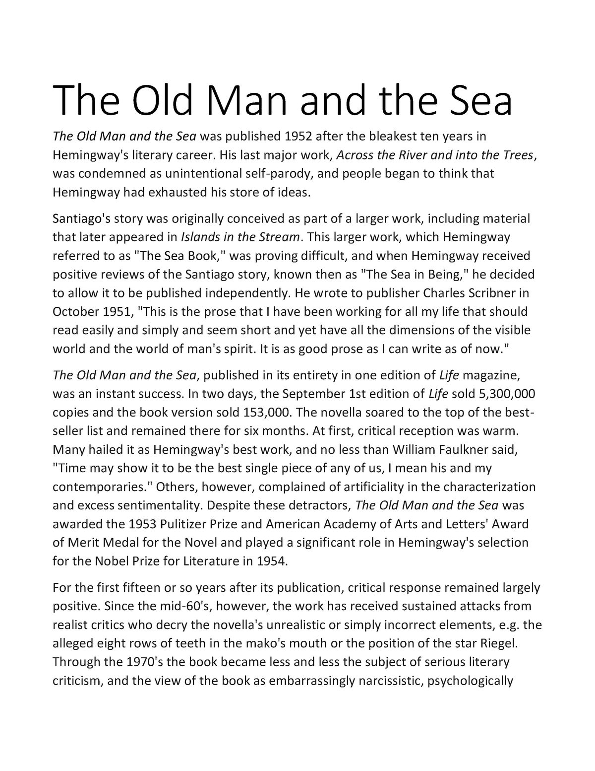 THE OLD MAN AND SEA FULL Notes The Old Man And The Sea The Old Man 