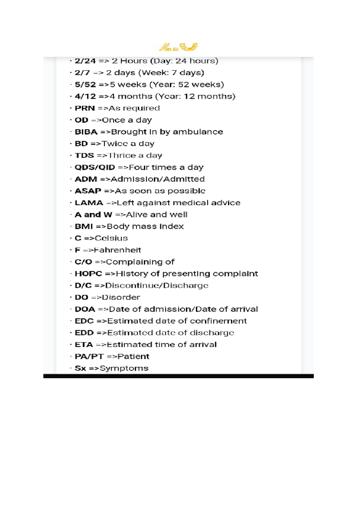 Abbreviation List Of Medical Words GENERAL ADM Admission Admitted 