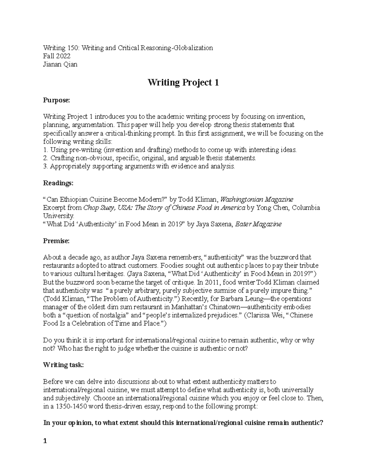 Writing 150-writing Project 1-qian - Writing 150: Writing And Critical 